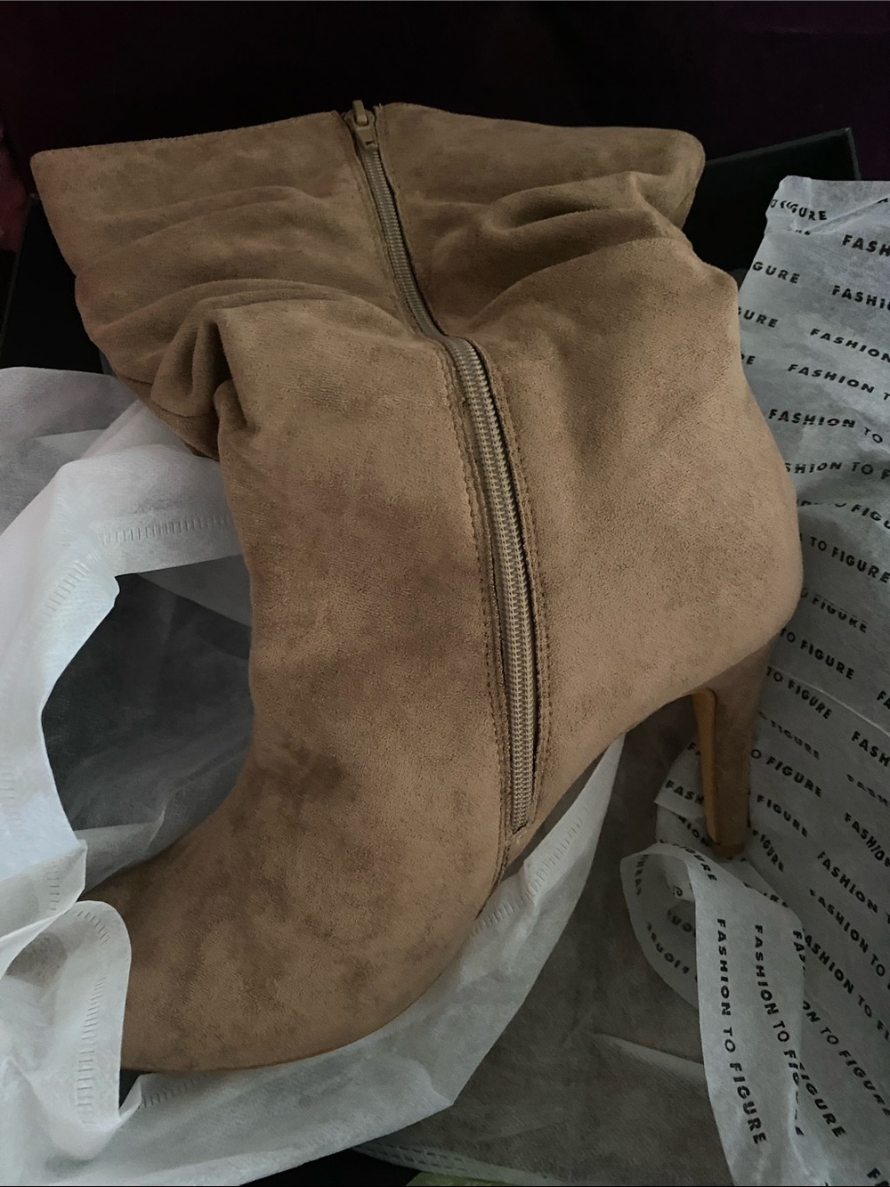 Fashion to Figure Tan Suede Heeled Ankle Boots with Side Zip